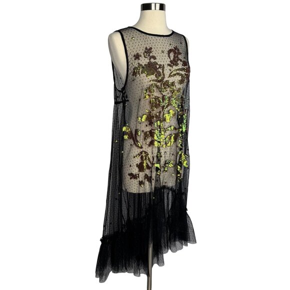 NWT Free People Black Sheer Ruffled Hem‎ Dress Green Gold Sequence Whimsigoth - Picture 12 of 12